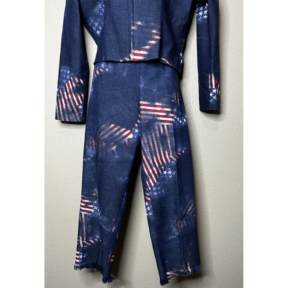 Sharon Endick Kate Vintage American Flag Print 2 Piece Jacket & Pants Set Size 6 - Picture 2 of 10